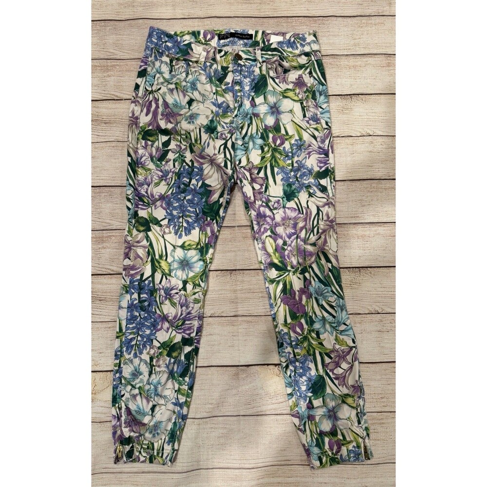 Zara Tropical Floral Cotton Ankle Zip Mid Rise Skinny Pants Size Small